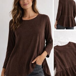 Mododoc Peplum Back Top Small Brown Soft Knit Minimalist Casual Swing Tee